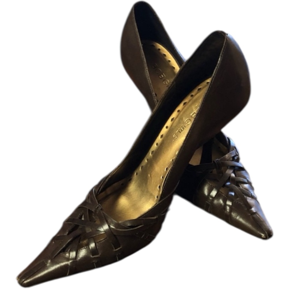 BCBGirls Y2K Brown Leather Stiletto Pointy Toe Basket Weave Front Insole Pumps 7